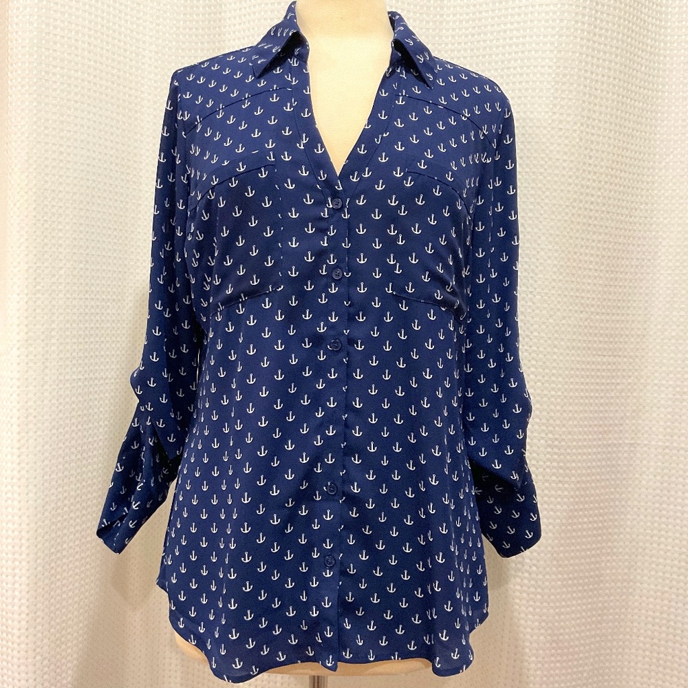 Express, Portofino Shirt Nautical Anchor Print,  Long Roll Tab Sleeve, Blue, L